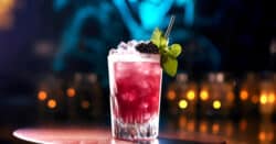 Blackberry Bramble cocktail in front of blurred lights background