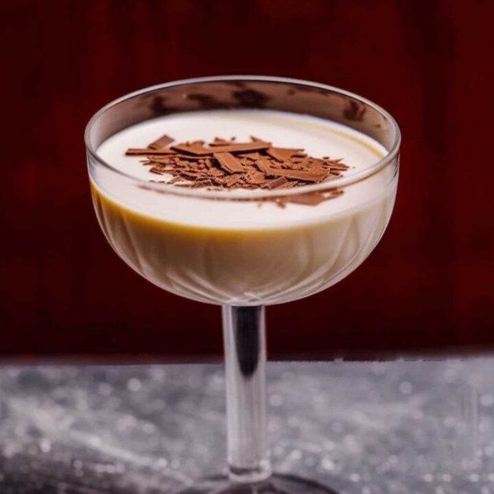 Bushwacker cocktail in glass with chocolate shavings