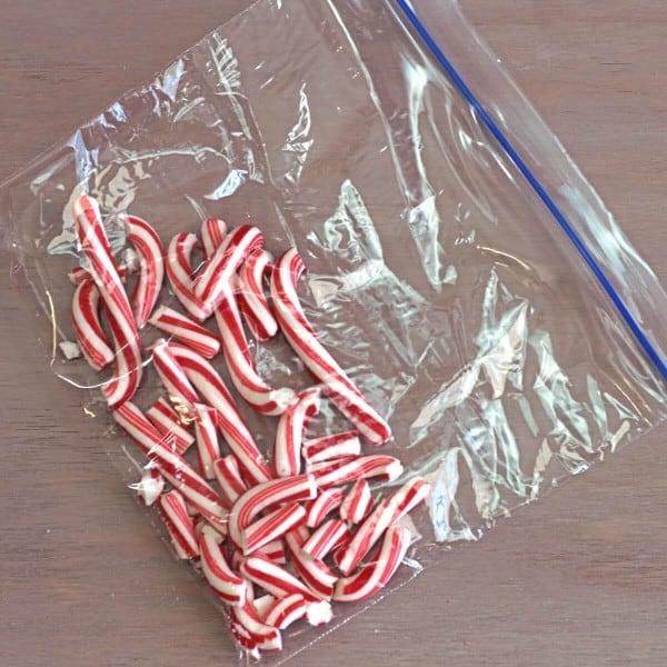 Ziploc bag of candy canes on table top
