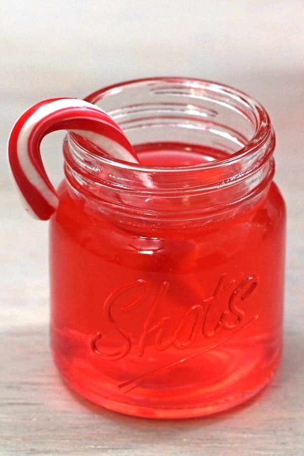 Candy Cane Vodka in shot glass with candy cane garnish