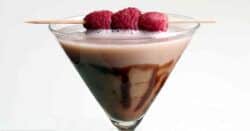 Chocolate Raspberry Martini with chocolate drizzle in glass and raspberry garnish
