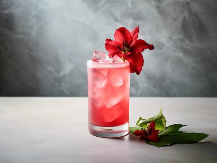 Red cocktail with red hibiscus flower garnish