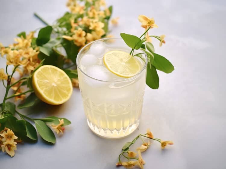 Light yellow cocktail with honeysuckle sprig garnish