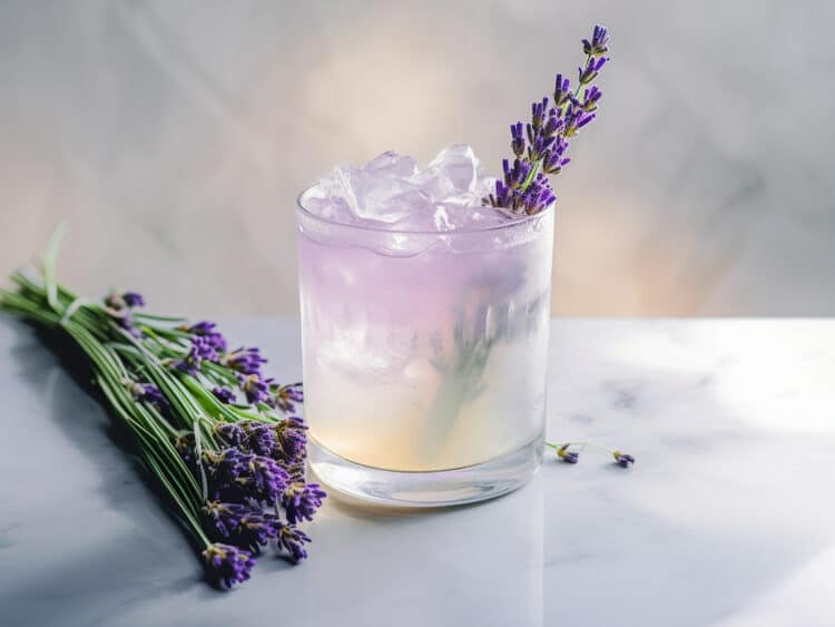 Clear cocktail with lavender sprig garnish