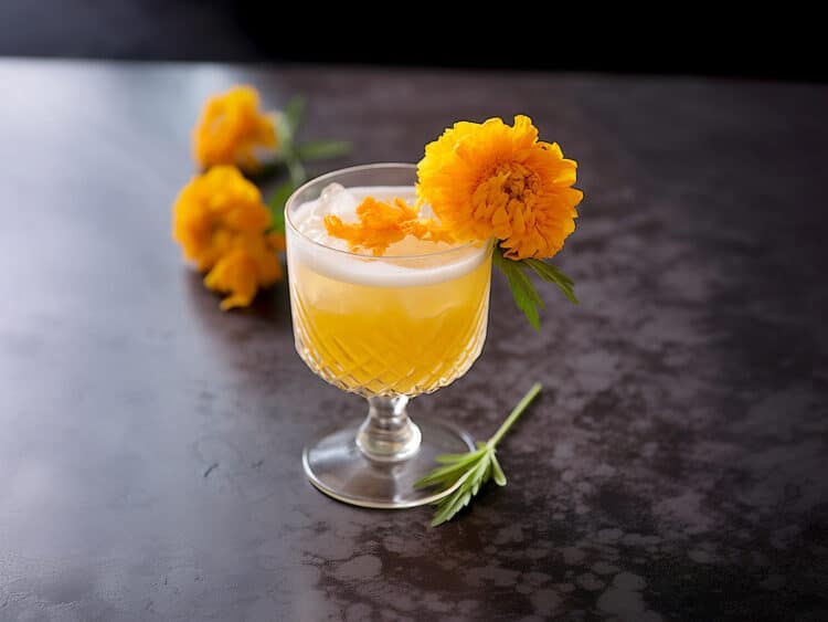 Orange cocktail with marigold flower on rim of glass