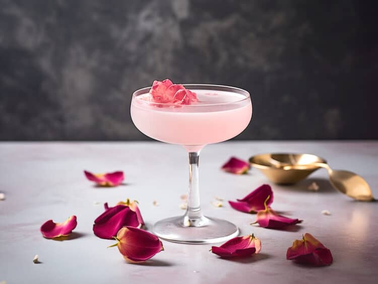 Cocktail in coupe glass with rose petals floating on top