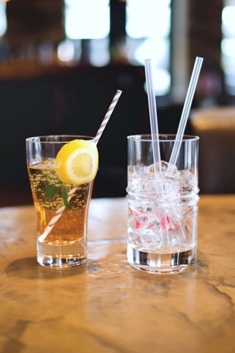 Cocktails with eco-friendly straws in glass and paper