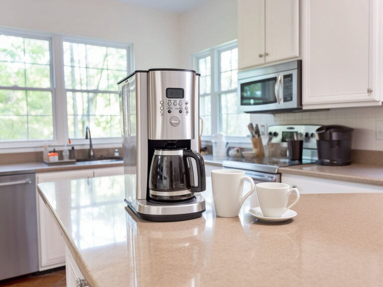 Coffee maker on kitchen countertop with mugs
