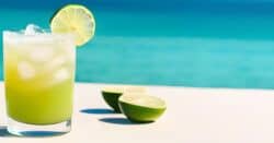 Green colored Italian Apple Martini against beach background