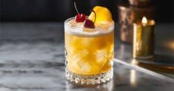 Whiskey Sour cocktail on table with orange slice and cherries garnish
