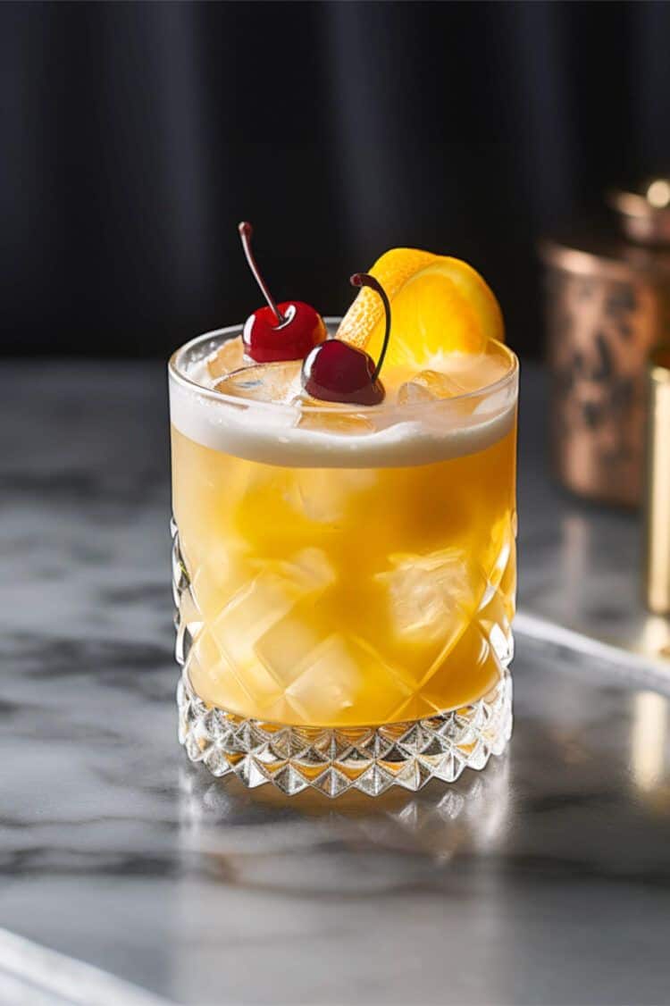 Whiskey Sour cocktail on table with orange slice and cherries garnish