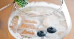 Closeup of Lion cocktail with blueberries and mint leaves