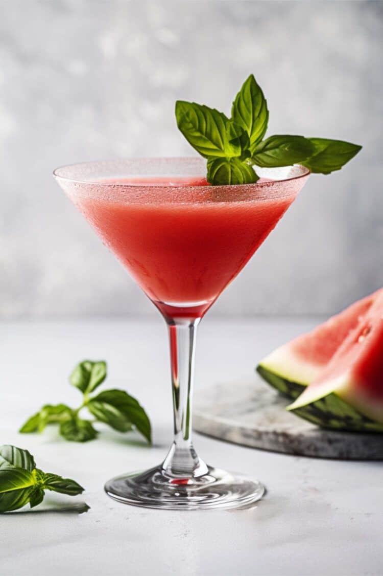 Watermelon basil infusion cocktail in martini glass with basil garnish