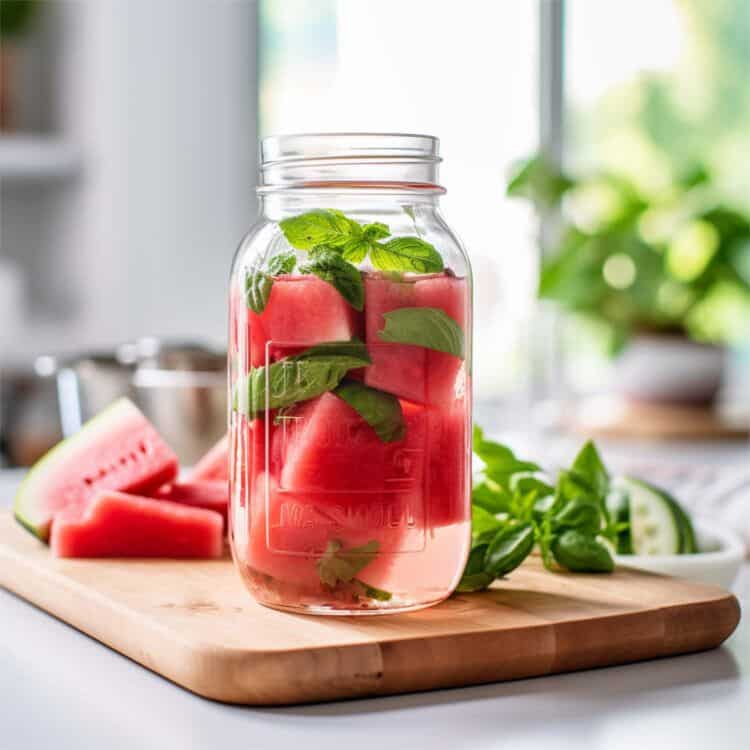 Watermelon chunks and basil in jar with vodka poured over them on kitchen counter