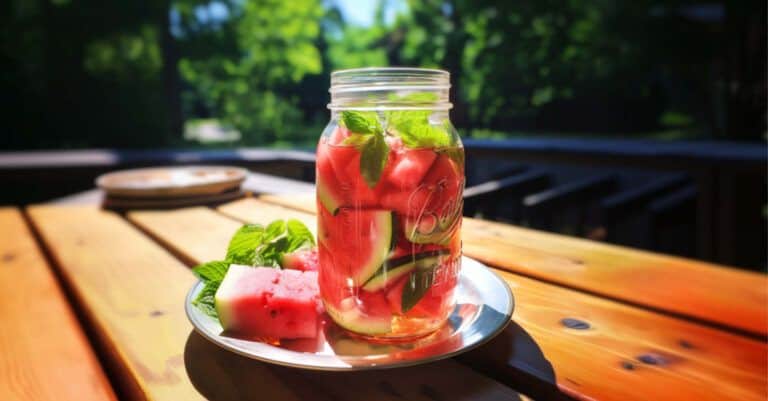 Jar of watermelon and basil infusing vodka on patio table