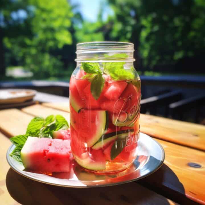 Jar of watermelon and basil infusing vodka on patio table