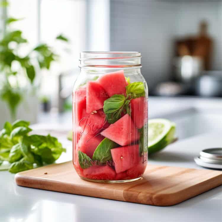 Watermelon chunks and basil leaves in jar on kitchen counter