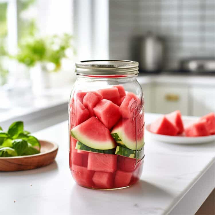 Watermelon chunks in jar on kitchen counter